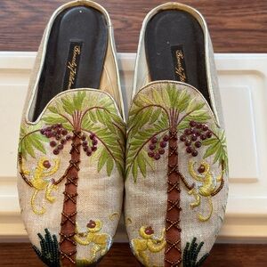 Beverly Feldman Embroidered Monkey Palm Tree Mules – Beaded Slip-On Flats